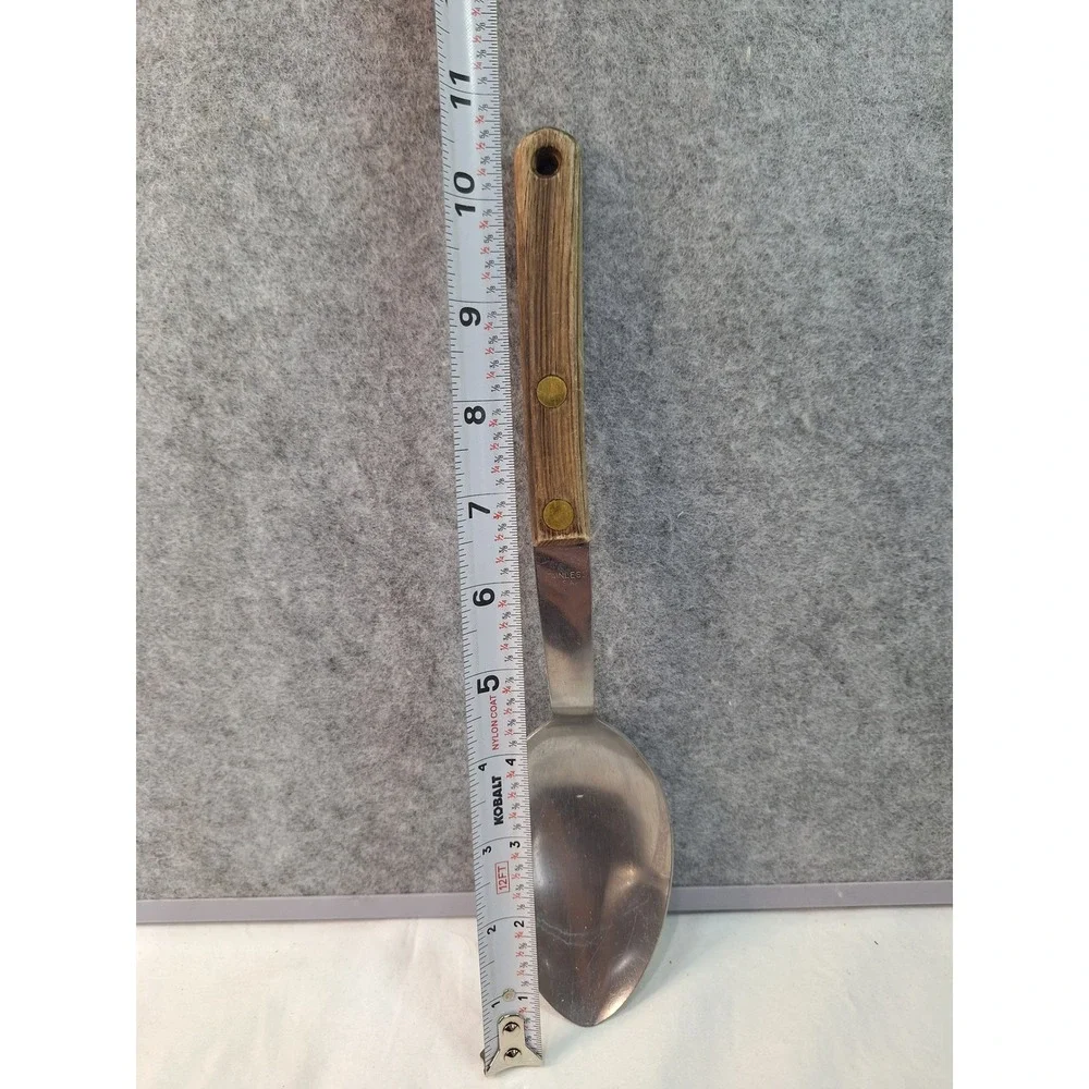 Vintage Stainless USA Serving Spoon Wood Grain Handle Brass Rivets 10.5 Inch